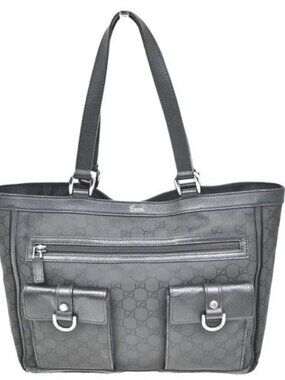 GUCCI Logo Abbey GG Pattern Shoulder Tote Bag Nylon Leather Black SHW 80KC490
